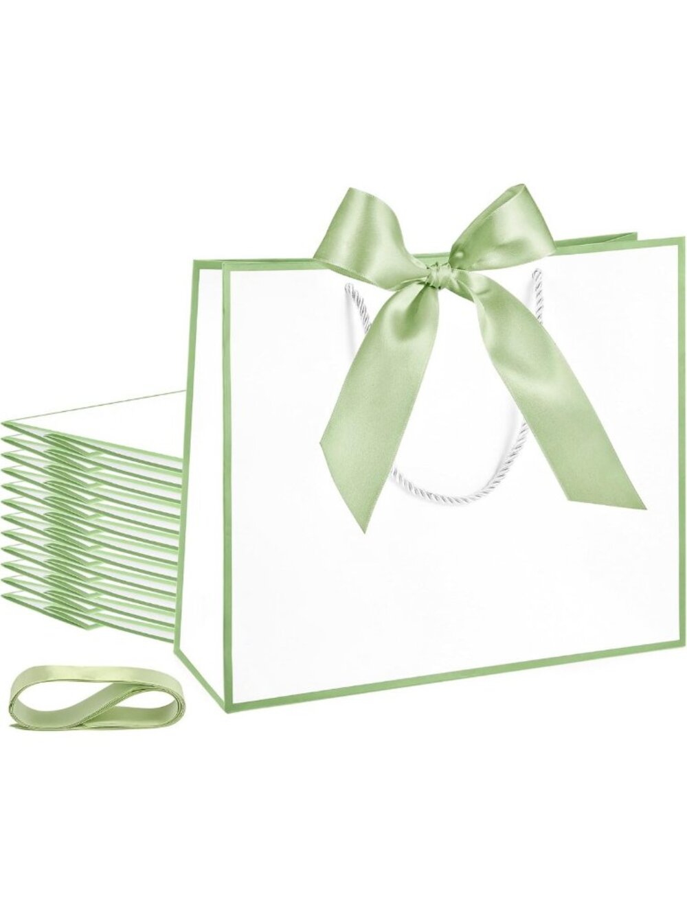 Elegant 24 Pcs Paper Gift Bags with Handles & Bow Ribbon - White & Sage Green
